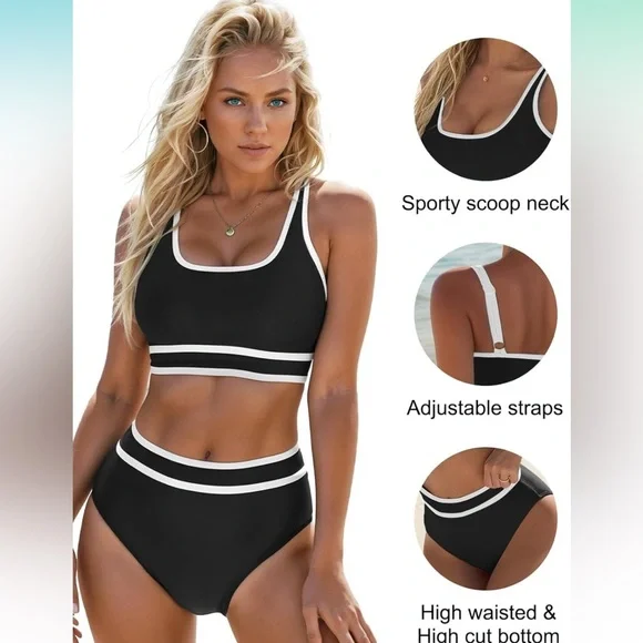 Black and White Women's high waisted Swimwear Set L NWT never - Picture 4 of 10